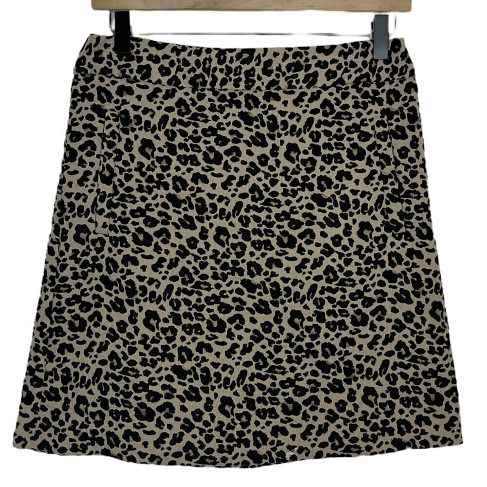 Loft 0 Leopard Print A-Line Mini‎ Skirt Black Tan Animal Print Cheetah Stretch